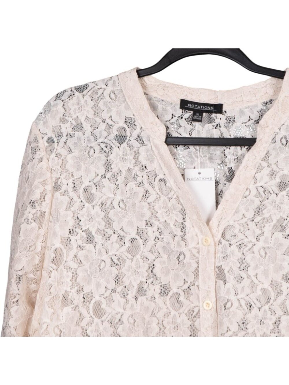 Lace Button Up Blouse XL Womens NEW Beige Sheer 3/4 Sleeves Shirt VNeck - Picture 2 of 7
